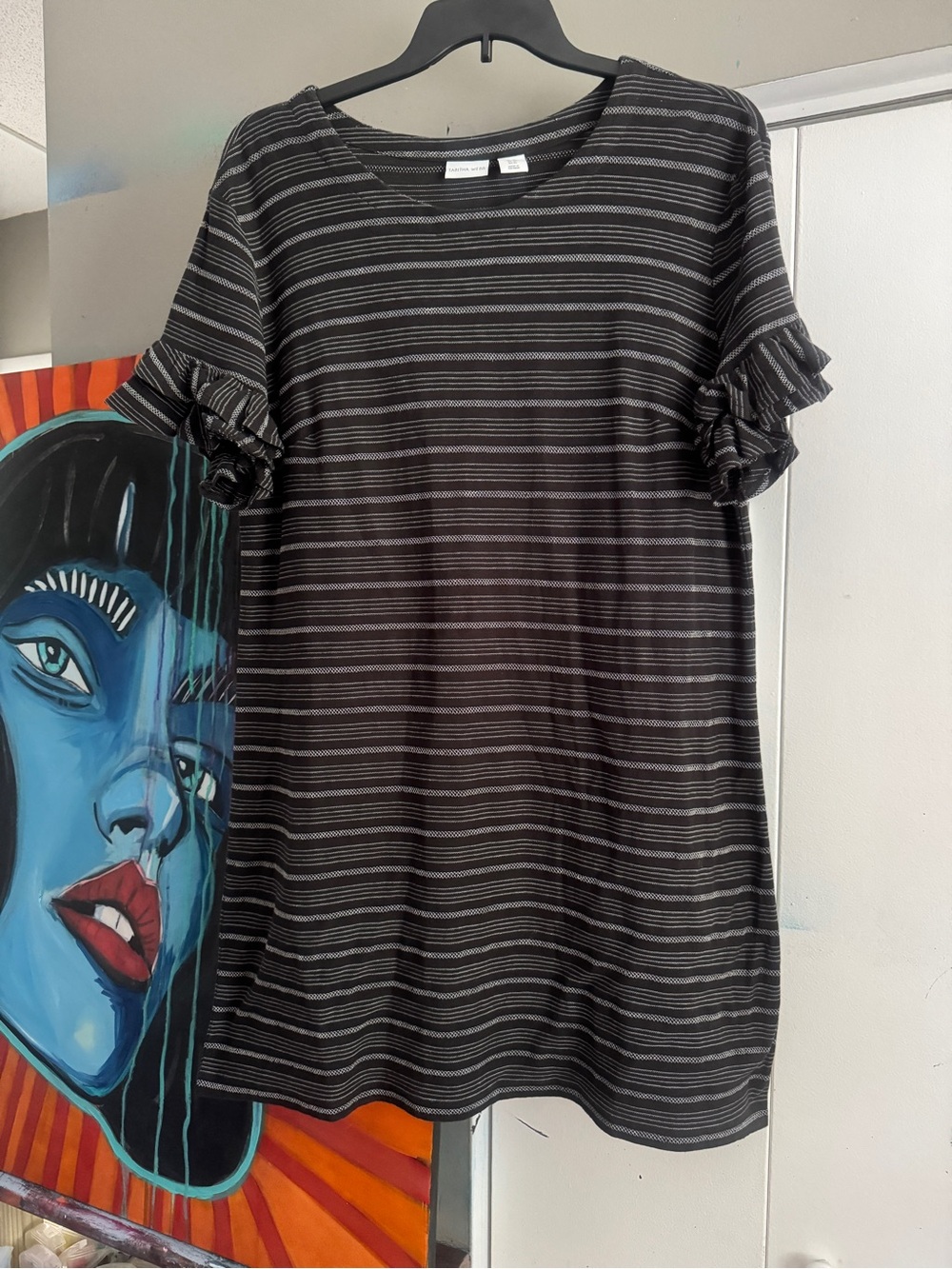 Tabitha Webb XL Black Striped Short Ruffle Sleeve T-Shirt Shift Dress Cotton